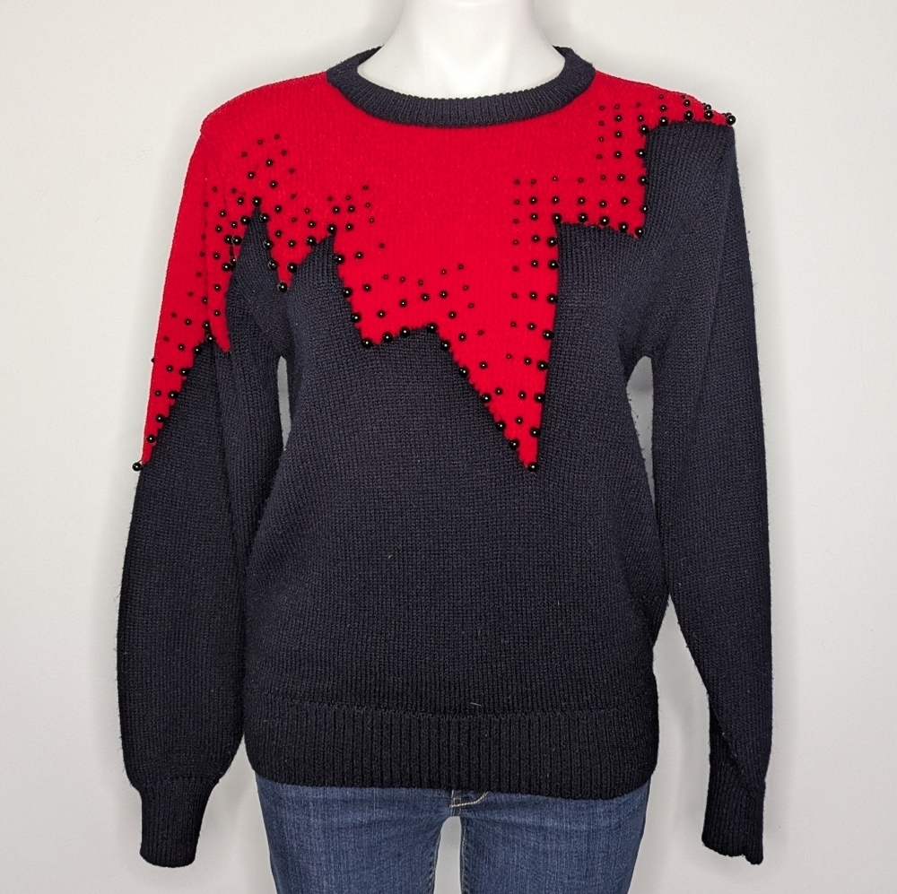 Vintage Christina Grant Black Red Lightning Bolt Beaded Sweater M